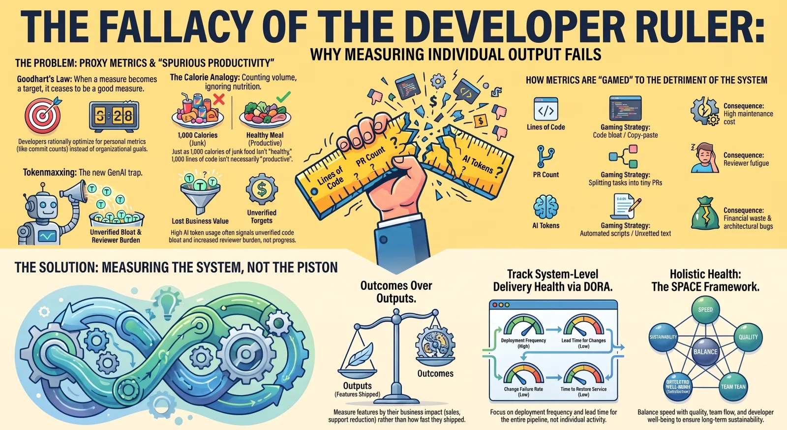 Infographic titled 'The Fallacy of the Developer Ruler: Why Measuring Individual Output Fails.' Top half, 'The Problem: Proxy Metrics & Spurious Productivity': Goodhart's Law illustrated with a target and a stopwatch, a calorie analogy contrasting 1,000 junk calories with a healthy meal, tokenmaxxing shown as a robot funneling tokens into a bucket, and a hand crushing a ruler labeled with Lines of Code, PR Count, and AI Tokens, next to a grid of gaming strategies (code bloat, tiny PRs, unvetted AI text) and their consequences (maintenance cost, reviewer fatigue, financial waste). Bottom half, 'The Solution: Measuring the System, Not the Piston': an infinity-loop gear illustration, a scale weighing Outputs against Outcomes, a DORA dashboard tracking deployment frequency, lead time, change failure rate, and time to restore service, and a SPACE framework diagram balancing satisfaction, performance, activity, communication, and efficiency.