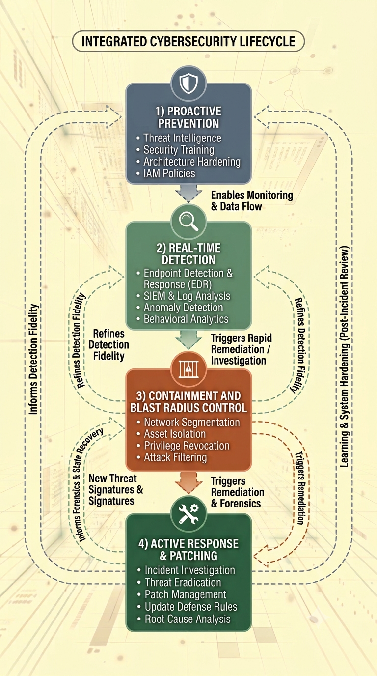 Integrated Cybersecurity Lifecycle diagram showing four stages — Proactive Prevention, Real-Time Detection, Containment and Blast Radius Control, and Active Response and Patching — connected by forward action arrows and dashed feedback loops for signature refinement, forensics, and system hardening