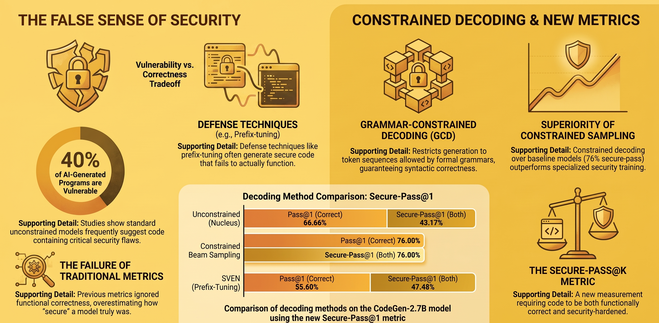Infographic titled 'Secure-Pass: Improving LLM Code Reliability through Constrained Decoding.' Left panel, 'The False Sense of Security': 40% of AI-generated programs are vulnerable, and defense techniques like prefix-tuning generate secure code that often fails to function. Right panel, 'Constrained Decoding & New Metrics': grammar-constrained decoding restricts generation to grammatically valid token sequences, and a new Secure-Pass@K metric requires code to be both functionally correct and security-hardened. Bottom bar chart, 'Decoding Method Comparison: Secure-Pass@1' on CodeGen-2.7B: Unconstrained (Nucleus) scores 66.66% Pass@1 and 43.17% Secure-Pass@1; Constrained Beam Sampling scores 76.00% on both; SVEN (Prefix-Tuning) scores 55.60% Pass@1 and 47.48% Secure-Pass@1.
