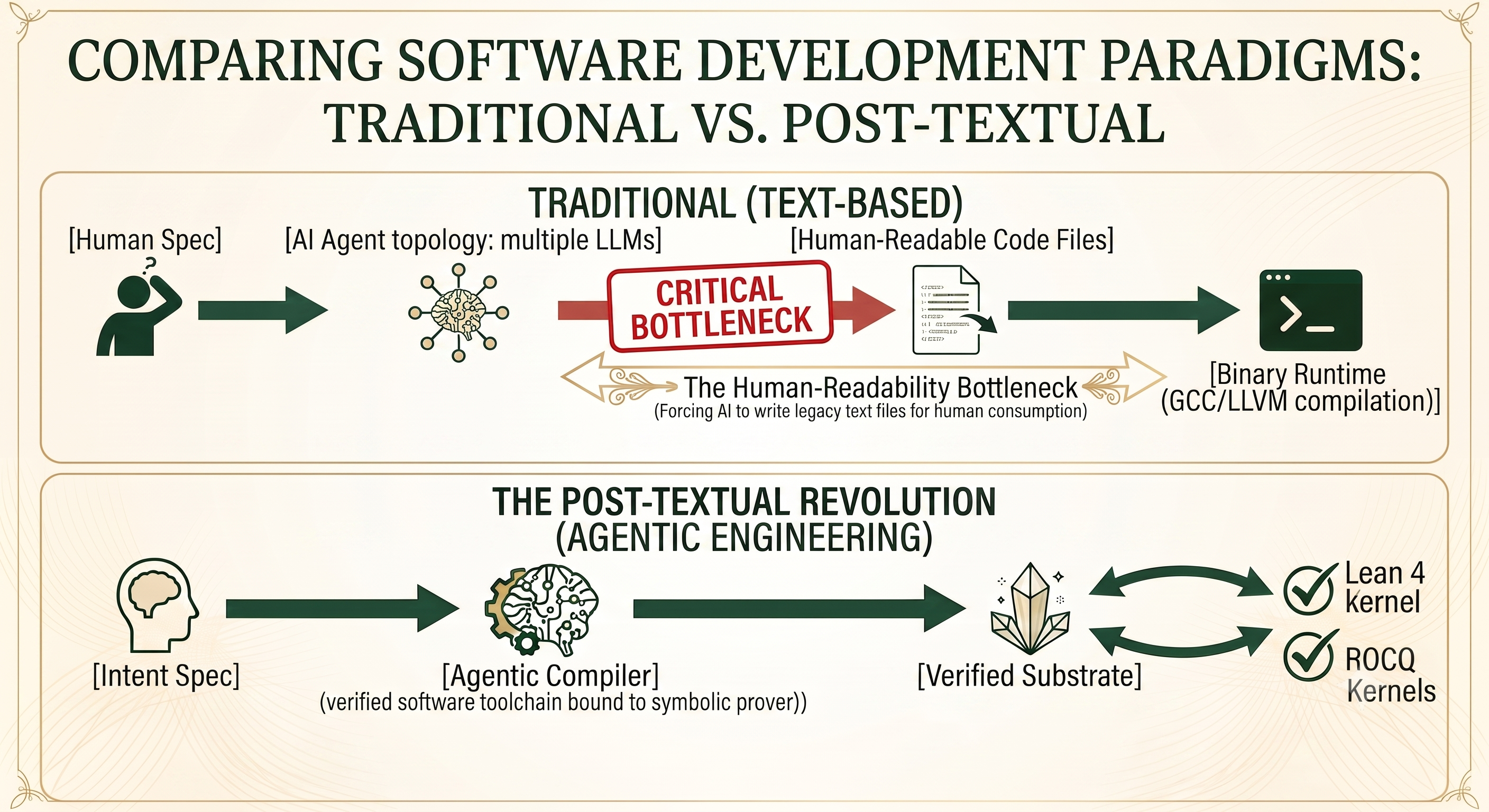 Two-pipeline diagram contrasting cargo-cult AI development (Human Spec → AI Agent → Human-Readable Code → Binary Runtime) against post-textual development (Intent Spec → Agentic Compiler → Hyper-Optimized Runtime)