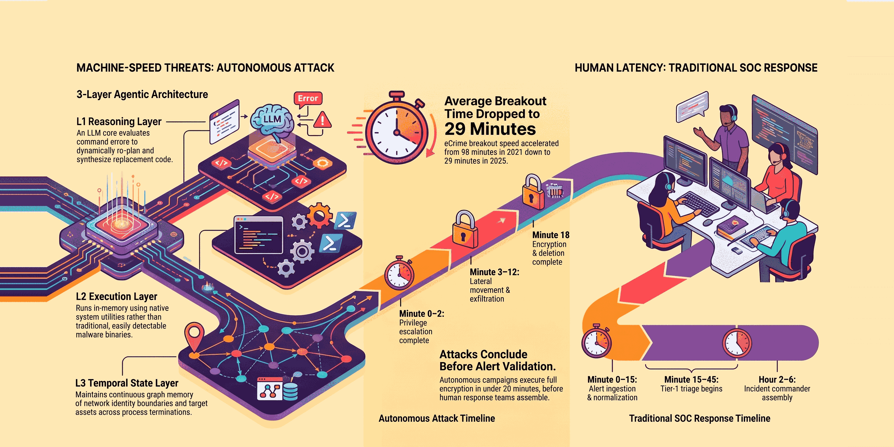 Infographic comparing an autonomous attack with a traditional SOC response. On the left, the three layers of an agentic strain: reasoning, execution and temporal state. In the centre, a stopwatch noting that average breakout time fell from 98 minutes in 2021 to 29 minutes in 2025, above an attack timeline running from privilege escalation at minute 0 to 2 to encryption complete at minute 18. On the right, a traditional SOC response timeline from alert ingestion at minutes 0 to 15 to incident commander assembly at hours 2 to 6.