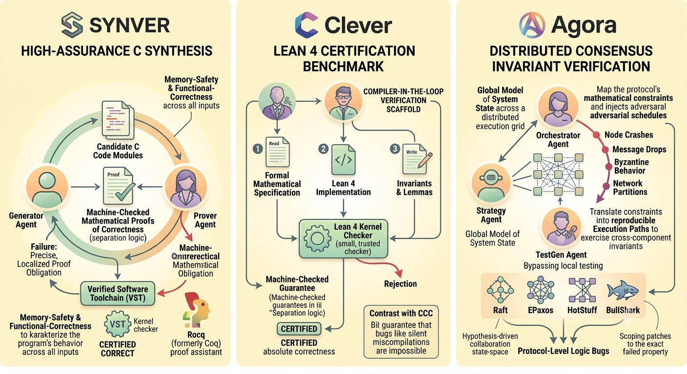 Architecture diagrams for the three verification-in-the-loop systems: SYNVER (dual-LLM generator/prover loop bound to VST and Rocq), Clever (compiler-in-the-loop Lean 4 scaffold), and Agora (multi-agent consensus protocol invariant validator)
